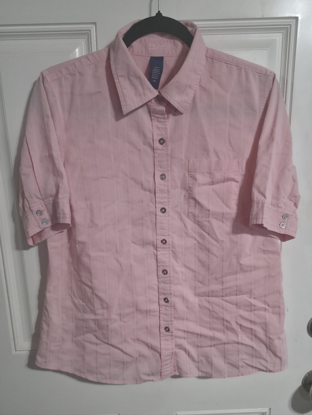 IZOD Women's Pink Striped Cotton Blend Short Sleeve Button-Up Shirt L/G